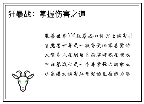 狂暴战：掌握伤害之道